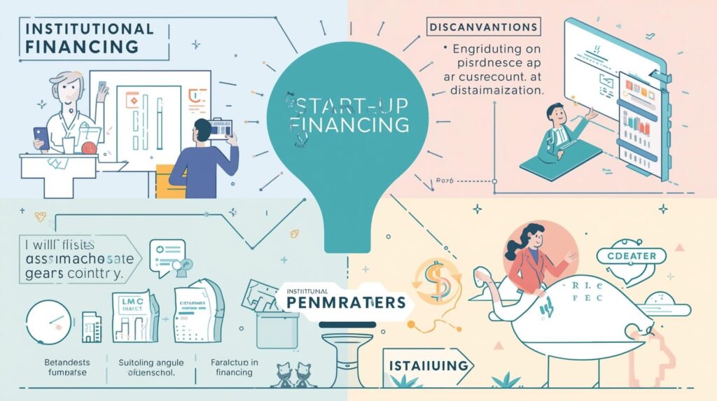 制度融資の仕組みを解説する図。公的機関を通じた資金調達制度の流れや、創業融資との違い、メリット・デメリットを説明。