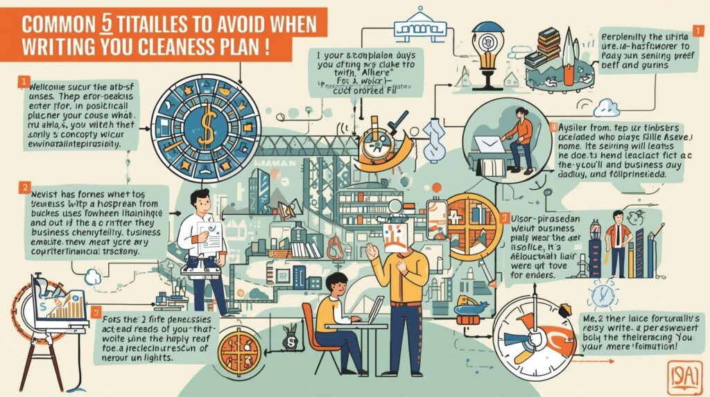 事業計画書作成時に避けるべき5つの落とし穴を説明する図解。投資家や金融機関に伝わる計画書づくりのポイントを示すビジュアル。