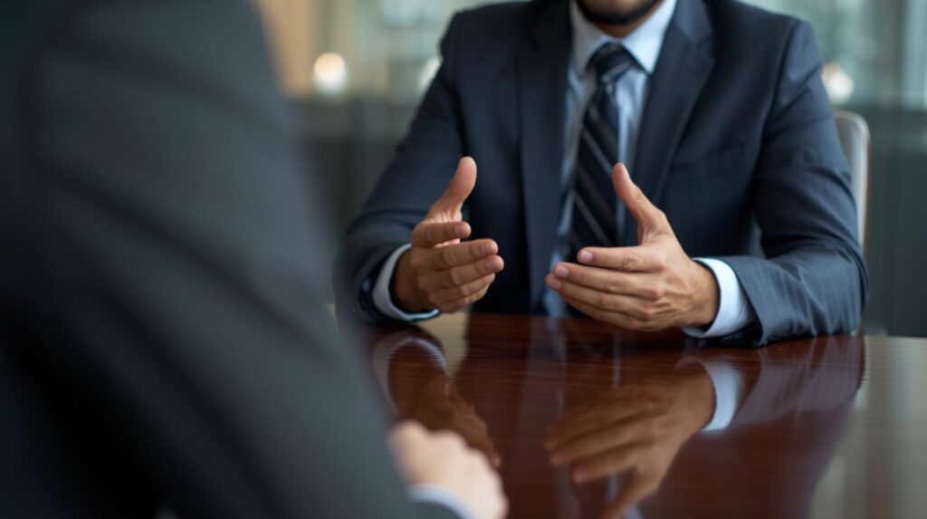 創業融資の面談で銀行員と向き合うビジネスマンのイメージ