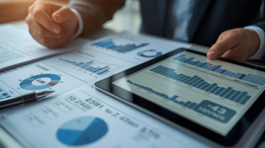 数字を使って財務計画を確認する経営者とCFO